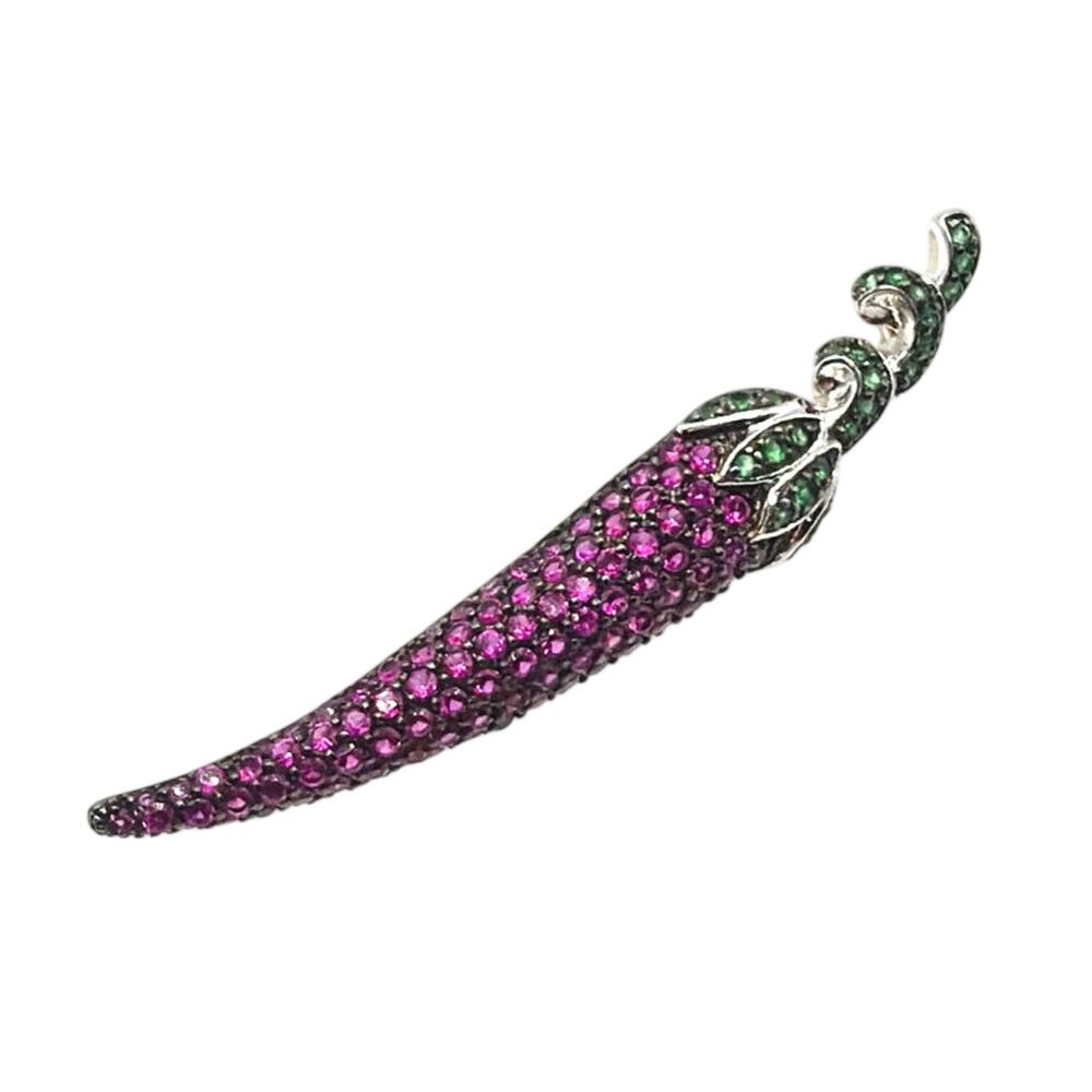 Sterling Silver And Rubies Chili Pepper Brooch